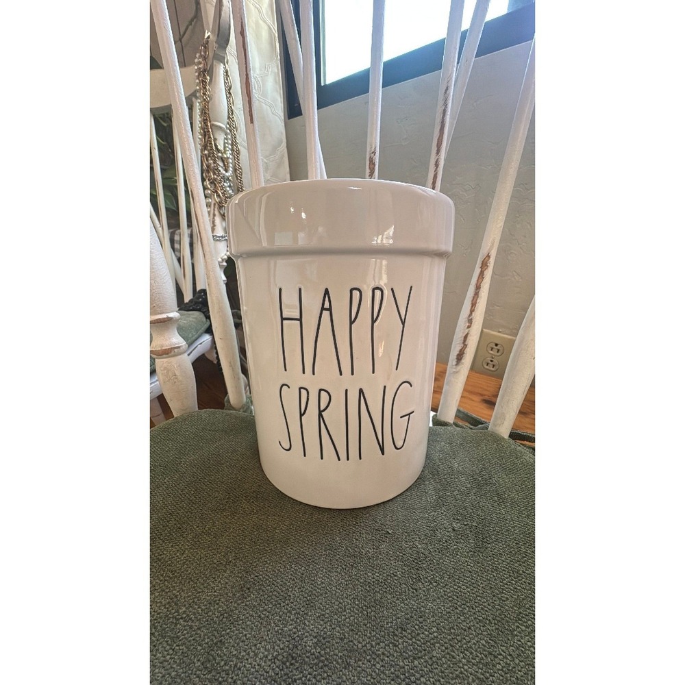 Rae Dunn HAPPY SPRING LL crock utensil holder OG Pink inside Easter